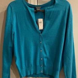 NWT ANN TAYLOR Large Cerulean Blue / Turquoise V-Neck Cardigan 6 Crystal Buttons